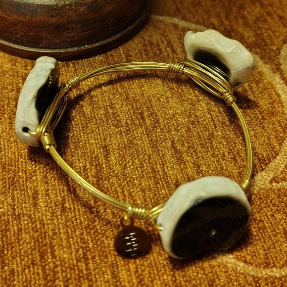 Bourbon & Boweties Gold Plated Wire Wrapped Black White Stone Bangle Bracelet - Picture 6 of 6